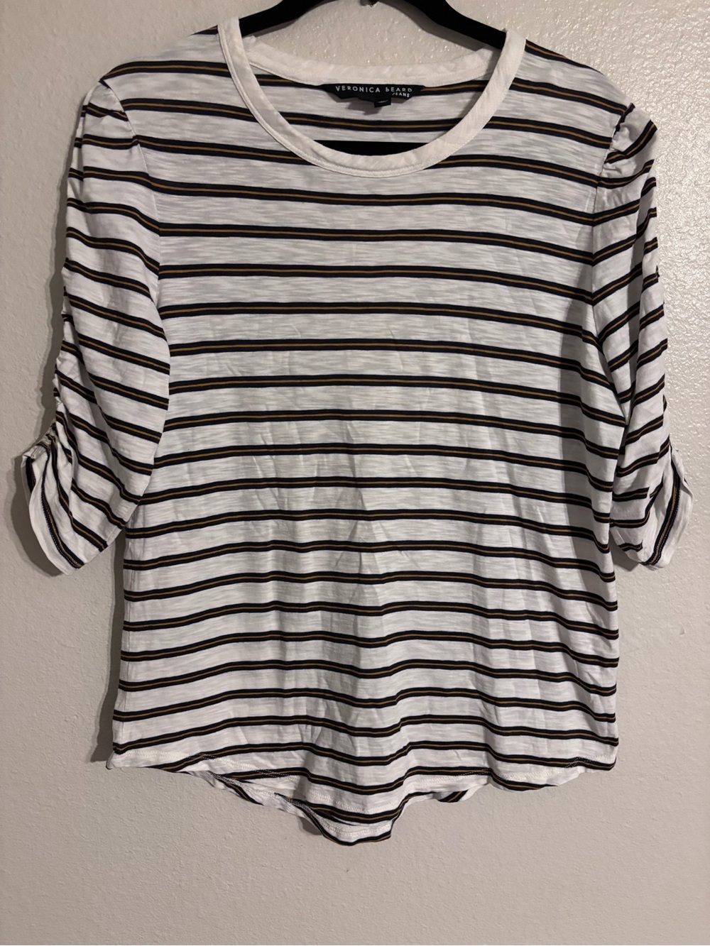 Veronica Beard Waldorf Striped Ruched-Sleeve Tee 100% Pima Cotton